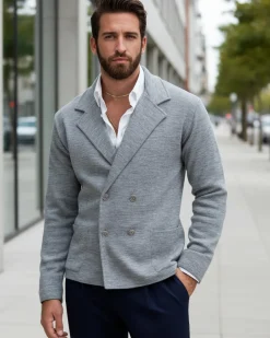 Cardigan uomo doppiopetto giacca bottoni metallo maglia links grigio GIOSAL-M2895A
