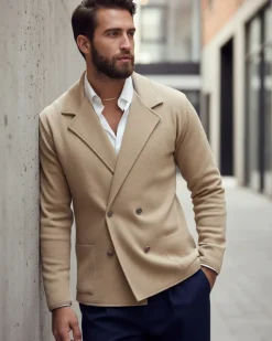 Cardigan uomo doppiopetto giacca bottoni metallo maglia links beige GIOSAL-M2893A