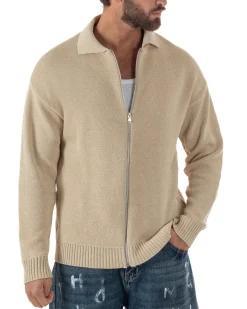 Cardigan uomo filo maglia colletto full zip spalle scese beige GIOSAL-M3094A
