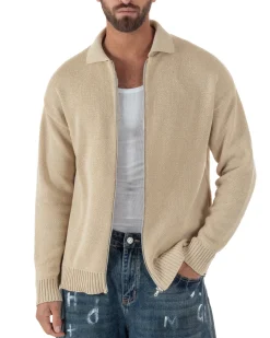 Cardigan uomo filo maglia colletto full zip spalle scese beige GIOSAL-M3094A