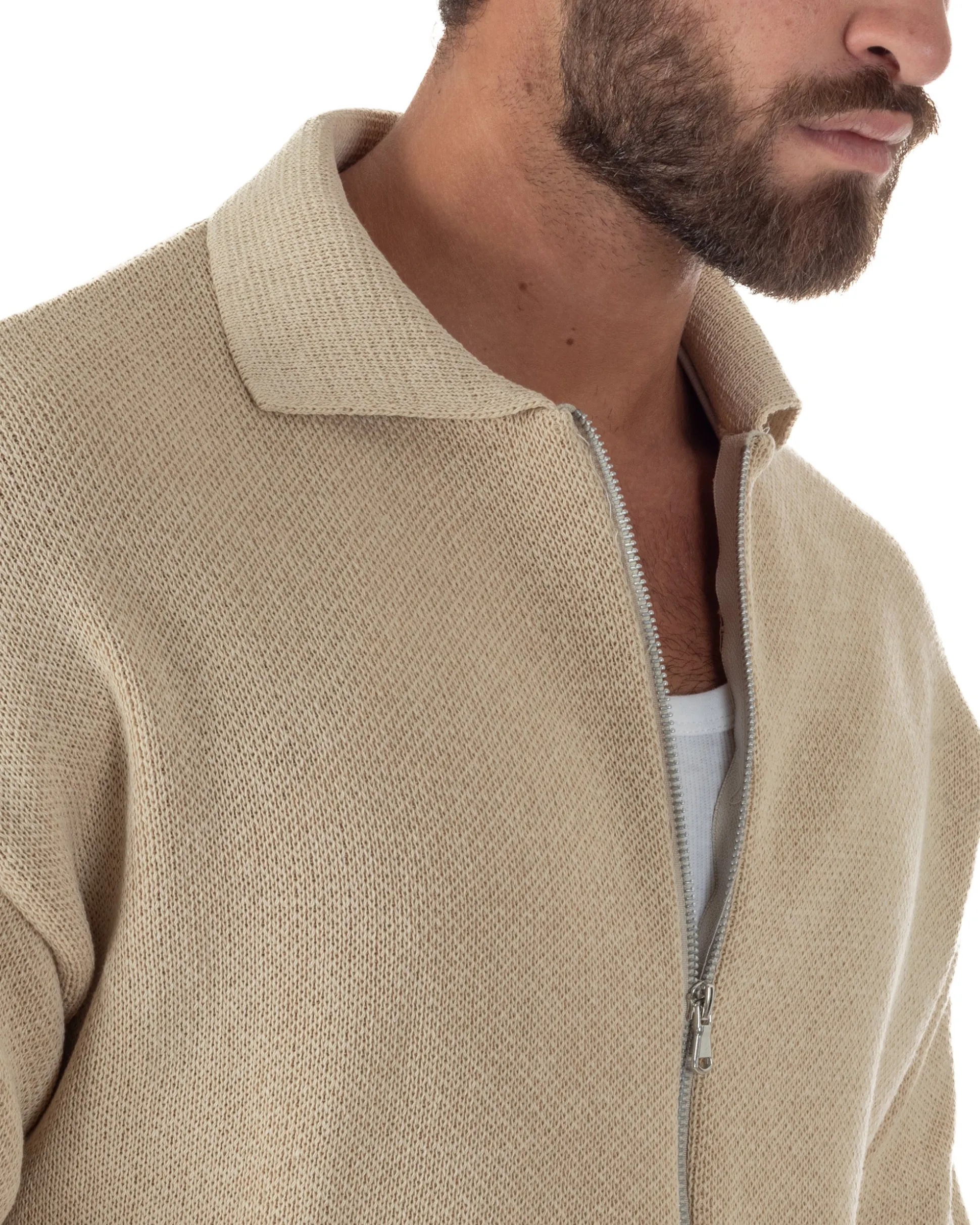 Cardigan uomo filo maglia colletto full zip spalle scese beige GIOSAL-M3094A