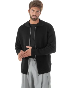 Cardigan uomo filo maglia colletto full zip spalle scese nero GIOSAL-M3095A