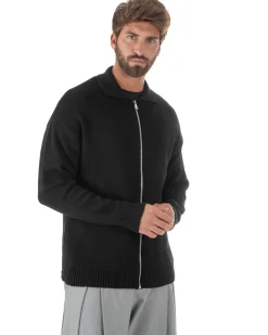 Cardigan uomo filo maglia colletto full zip spalle scese nero GIOSAL-M3095A