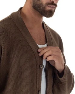 Cardigan uomo filo scollo v maglia cropped con bottoni boxy fit marrone GIOSAL-M3092A