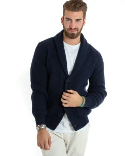 Cardigan uomo giacca bottoni maglia tasche toppa maglioncino collo scialle casual blu GIOSAL-M2736A