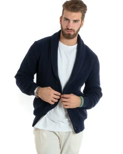 Cardigan uomo giacca bottoni maglia tasche toppa maglioncino collo scialle casual blu GIOSAL-M2736A