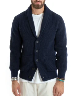 Cardigan uomo giacca bottoni maglia tasche toppa maglioncino collo scialle casual blu GIOSAL-M2736A