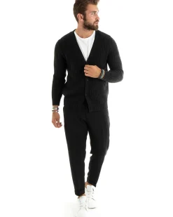 Cardigan Uomo Giacca Con Bottoni Maglioncino Scollo V Maglia Inglese Nero GIOSAL-M2694A