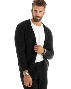 Cardigan Uomo Giacca Con Bottoni Maglioncino Scollo V Maglia Inglese Nero GIOSAL-M2694A