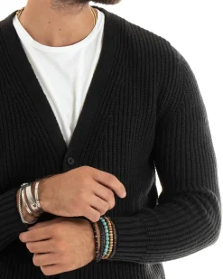 Cardigan Uomo Giacca Con Bottoni Maglioncino Scollo V Maglia Inglese Nero GIOSAL-M2694A