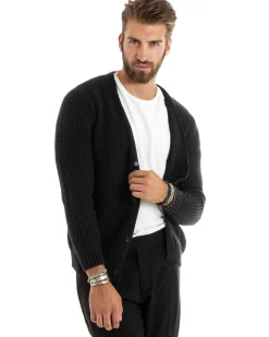 Cardigan Uomo Giacca Con Bottoni Maglioncino Scollo V Maglia Inglese Nero GIOSAL-M2694A