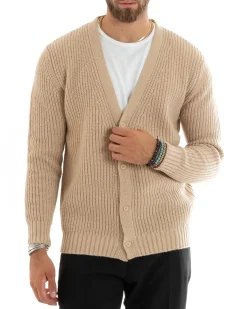Cardigan Uomo Giacca Con Bottoni Maglioncino Scollo V Maglia Inglese Beige GIOSAL-M2693A