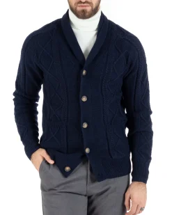 Cardigan Uomo Maglia Collo Sciallato Trecce Blu M2791A