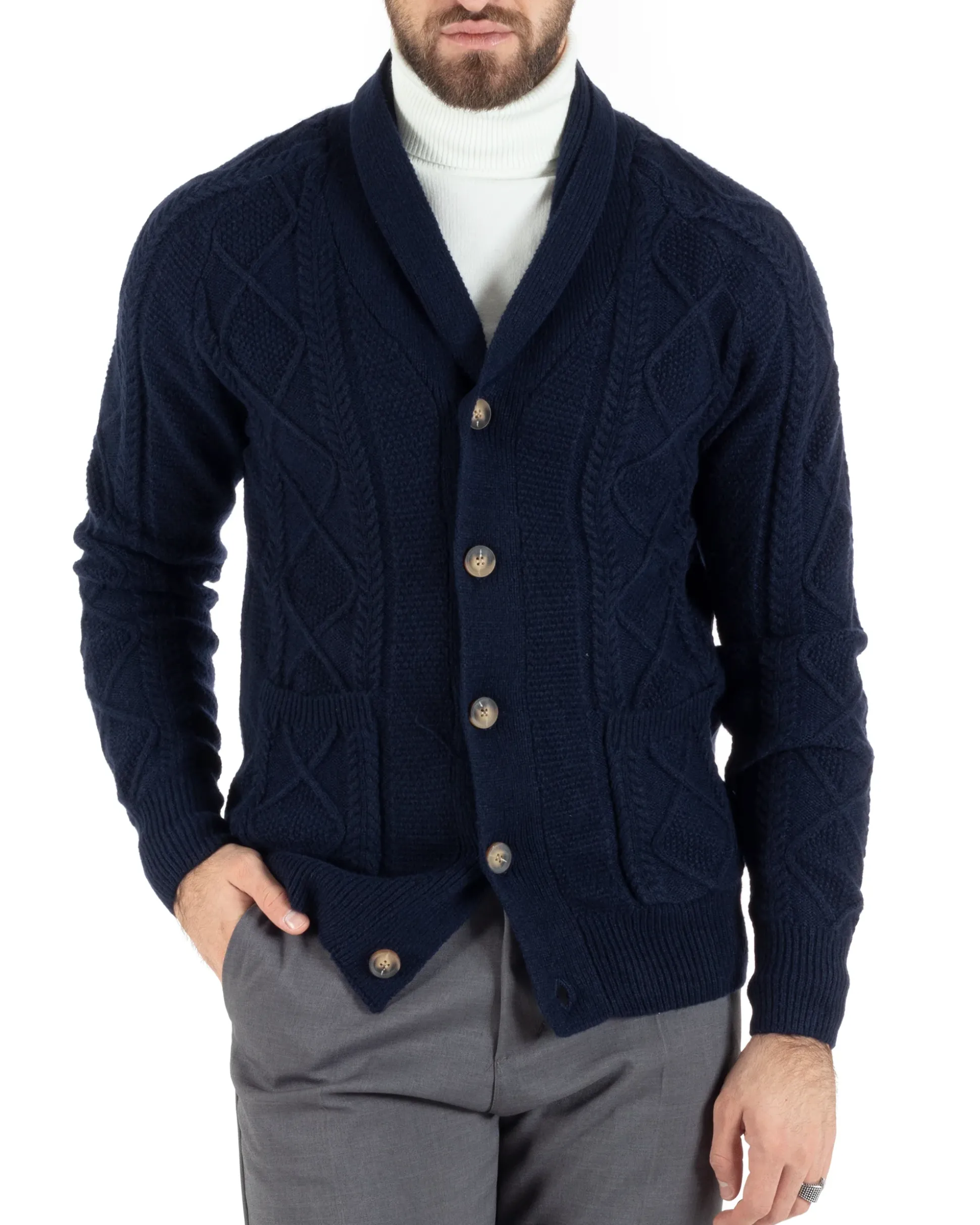 Cardigan Uomo Maglia Collo Sciallato Trecce Blu M2791A
