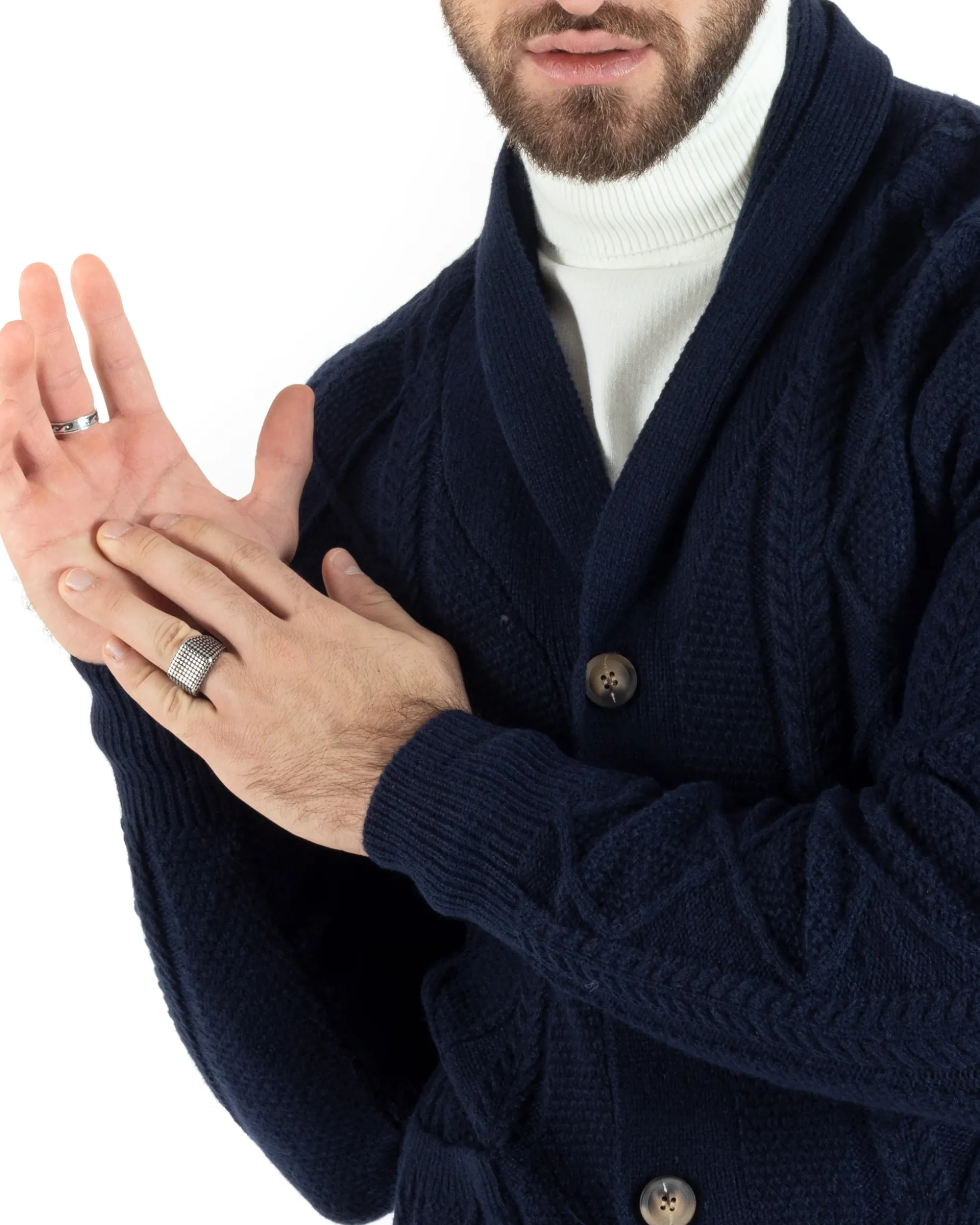 Cardigan Uomo Maglia Collo Sciallato Trecce Blu M2791A