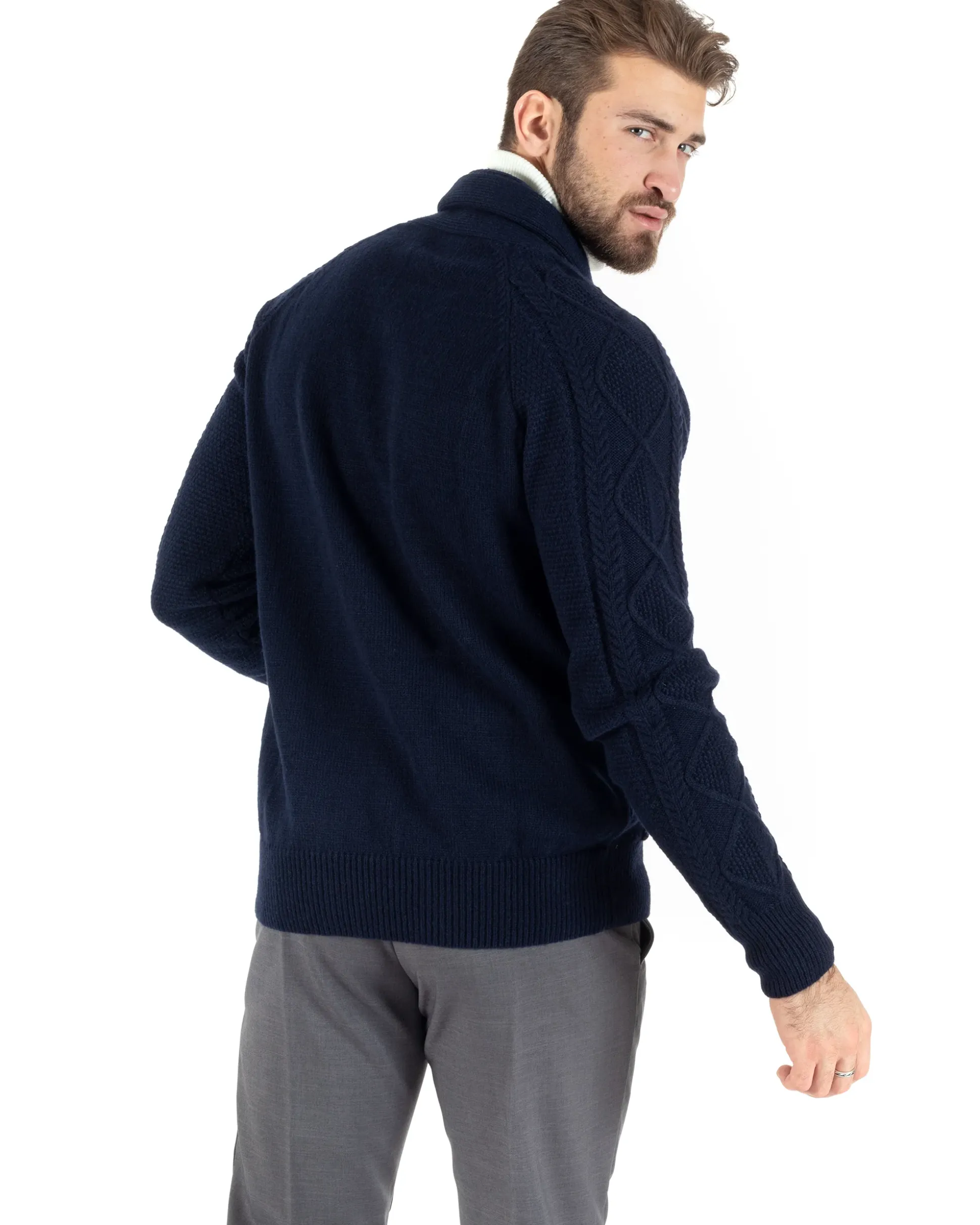 Cardigan Uomo Maglia Collo Sciallato Trecce Blu M2791A
