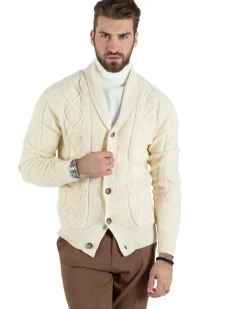 Cardigan Uomo Maglia Collo Sciallato Trecce Panna M2790A