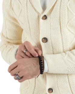 Cardigan Uomo Maglia Collo Sciallato Trecce Panna M2790A