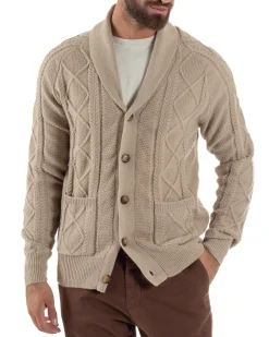 Cardigan Uomo Maglia Collo Sciallato Trecce Beige M3011A