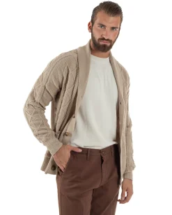 Cardigan Uomo Maglia Collo Sciallato Trecce Beige M3011A