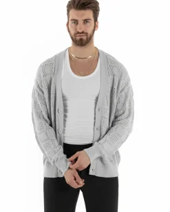 Cardigan Uomo Maglioncino Traforato Giacca Con Bottoni Grigio M2813A