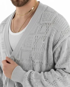Cardigan Uomo Maglioncino Traforato Giacca Con Bottoni Grigio M2813A