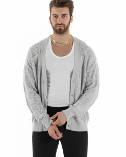 Cardigan Uomo Maglioncino Traforato Giacca Con Bottoni Grigio M2813A