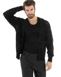 Cardigan Uomo Maglioncino Traforato Giacca Con Bottoni Nero M2812A