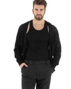 Cardigan Uomo Maglioncino Traforato Giacca Con Bottoni Nero M2812A