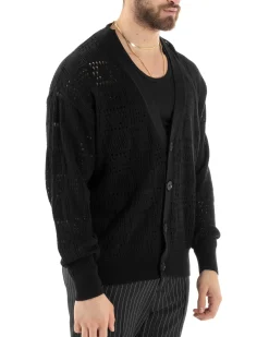 Cardigan Uomo Maglioncino Traforato Giacca Con Bottoni Nero M2812A