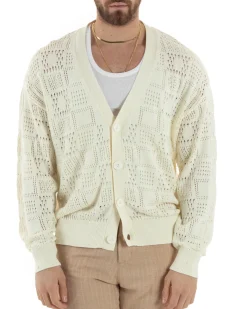 Cardigan Uomo Maglioncino Traforato Giacca Con Bottoni Panna M2814A