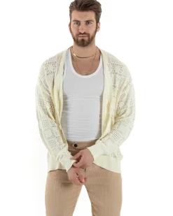 Cardigan Uomo Maglioncino Traforato Giacca Con Bottoni Panna M2814A