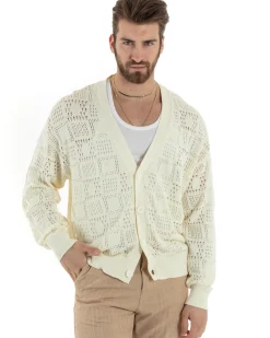 Cardigan Uomo Maglioncino Traforato Giacca Con Bottoni Panna M2814A