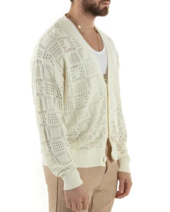 Cardigan Uomo Maglioncino Traforato Giacca Con Bottoni Panna M2814A