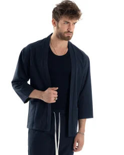 Completo set coordinato uomo giacca kimono pantaloni blu GIOSAL-OU2560A