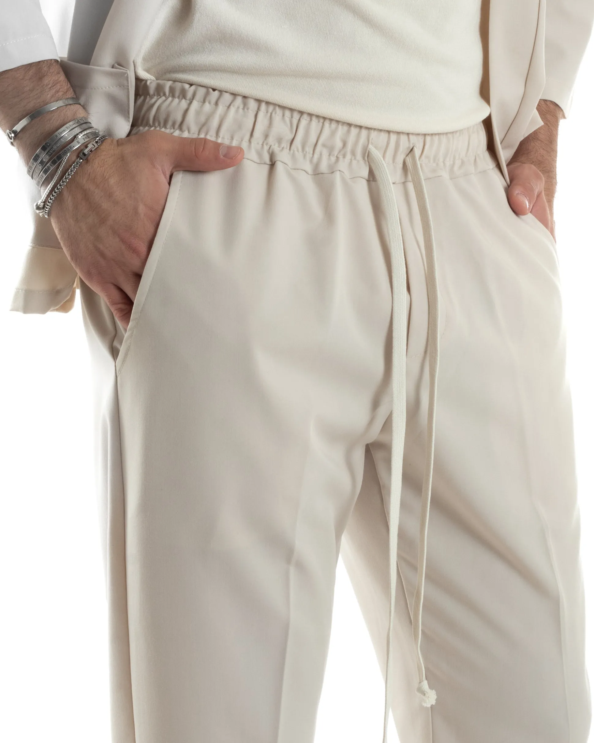 Completo set coordinato uomo giacca kimono pantaloni beige GIOSAL-OU2446A