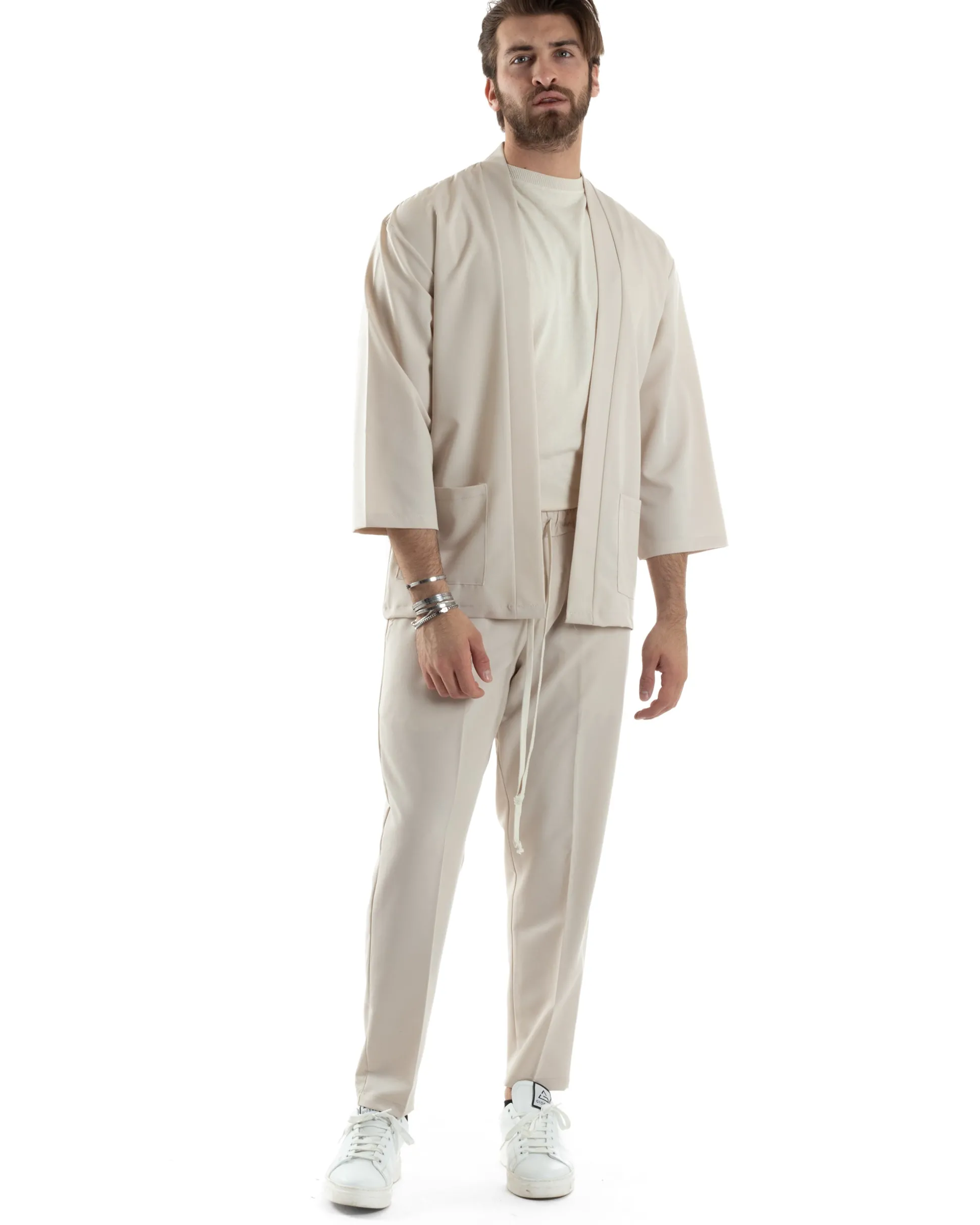 Completo set coordinato uomo giacca kimono pantaloni beige GIOSAL-OU2446A