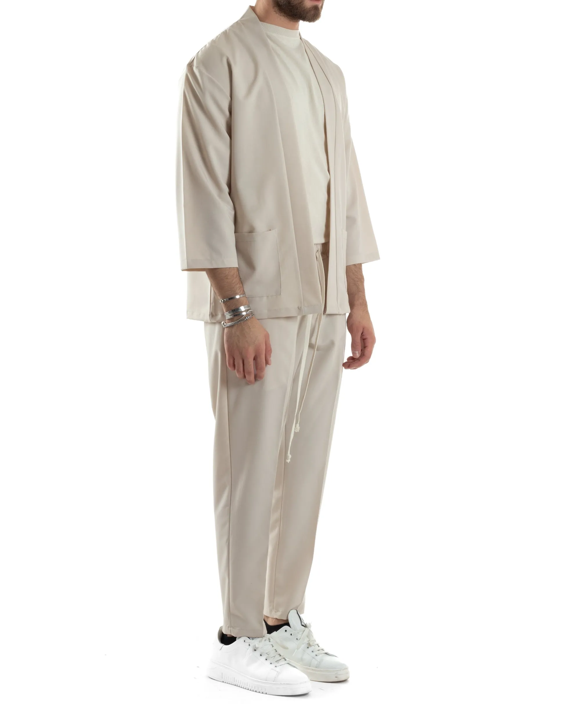 Completo set coordinato uomo giacca kimono pantaloni beige GIOSAL-OU2446A