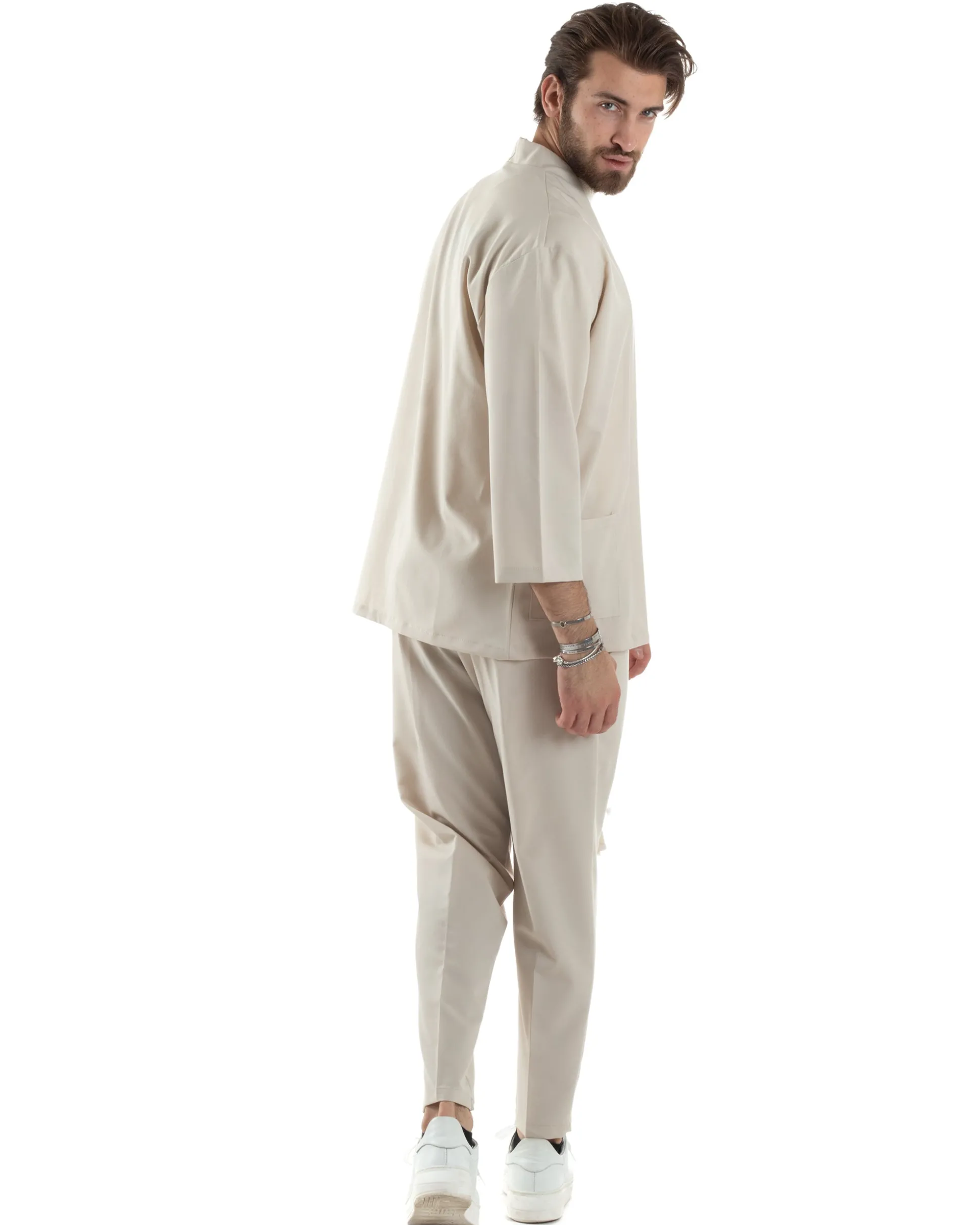 Completo set coordinato uomo giacca kimono pantaloni beige GIOSAL-OU2446A