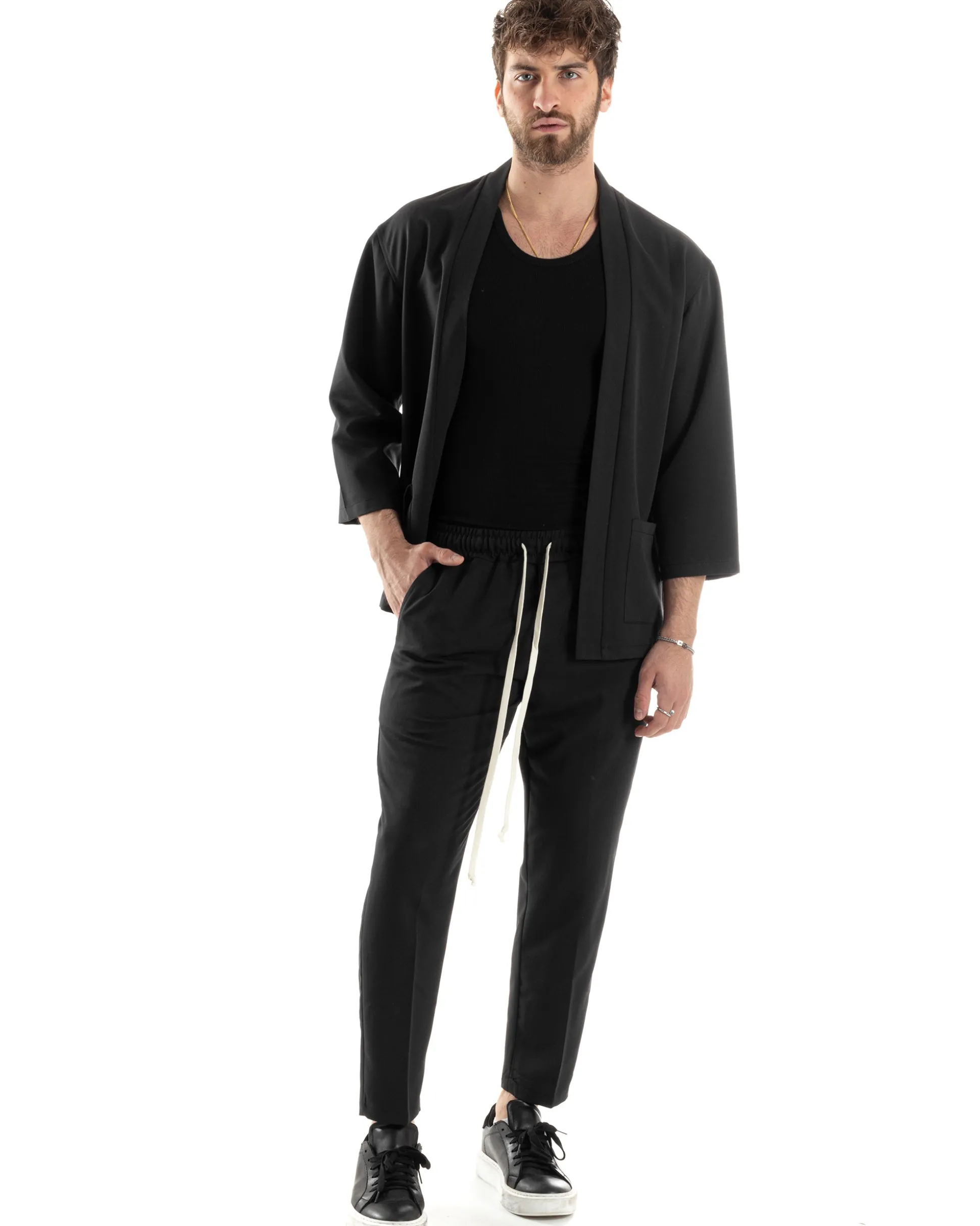 Completo set coordinato uomo giacca kimono pantaloni nero GIOSAL-OU2445A