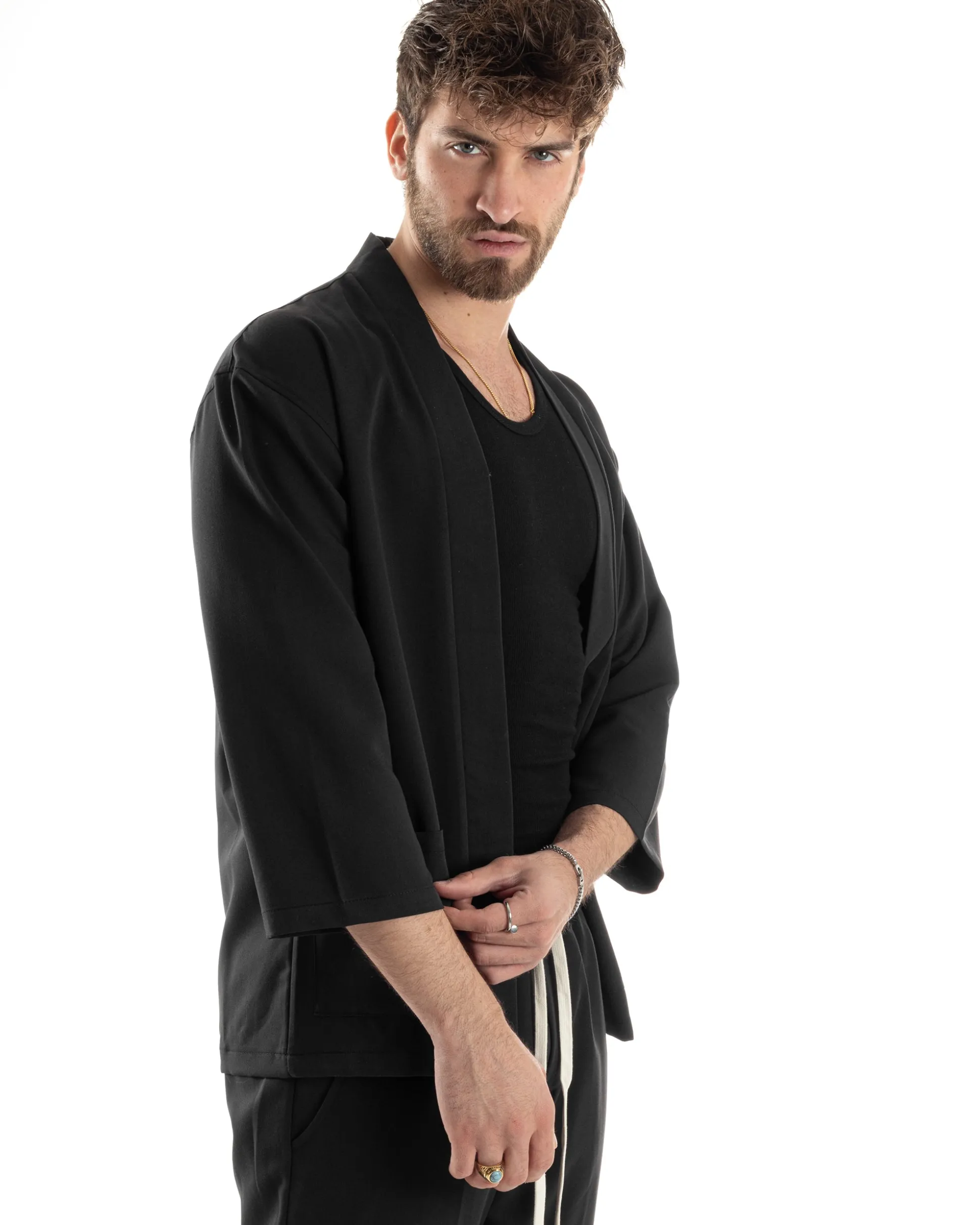 Completo set coordinato uomo giacca kimono pantaloni nero GIOSAL-OU2445A