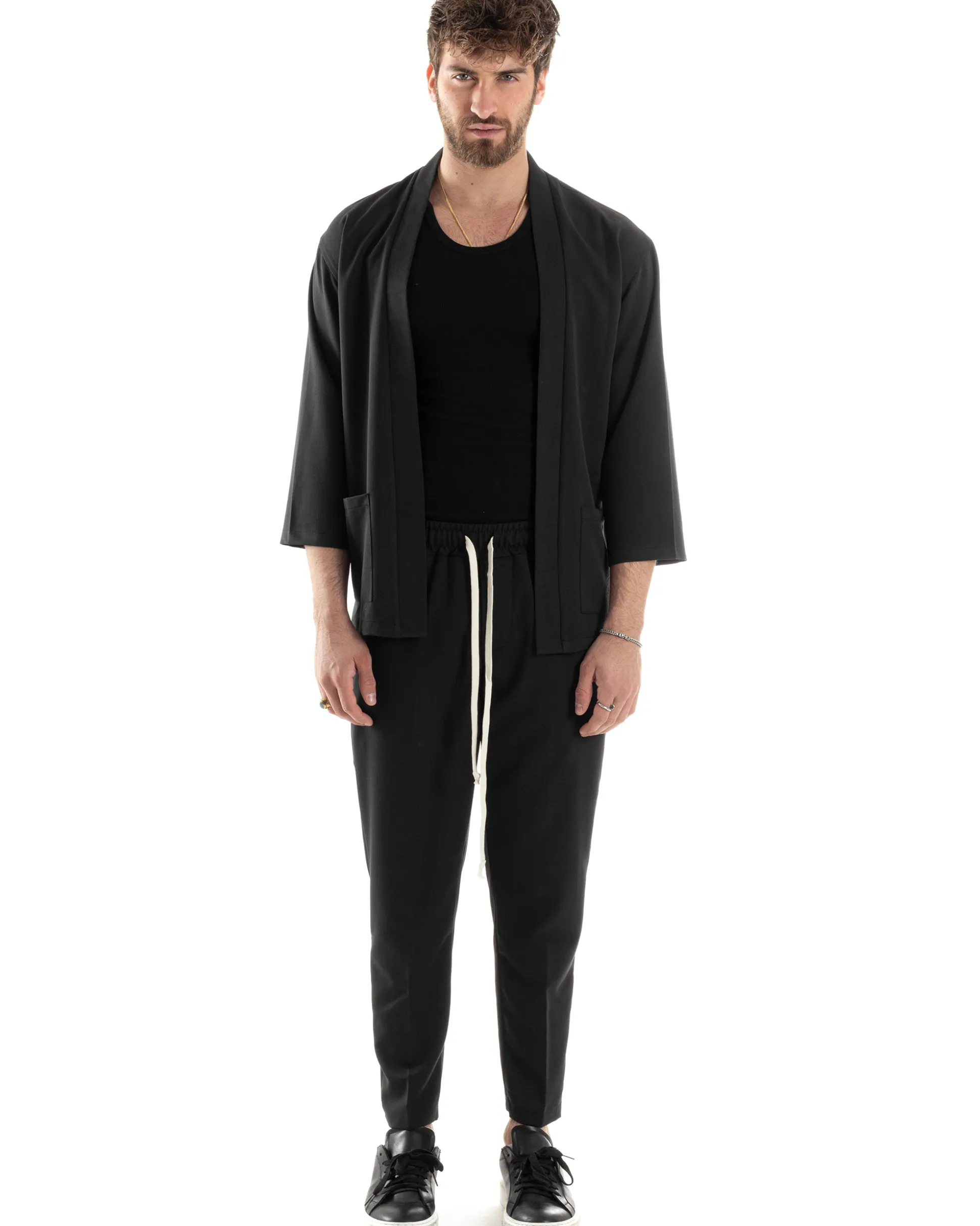 Completo set coordinato uomo giacca kimono pantaloni nero GIOSAL-OU2445A