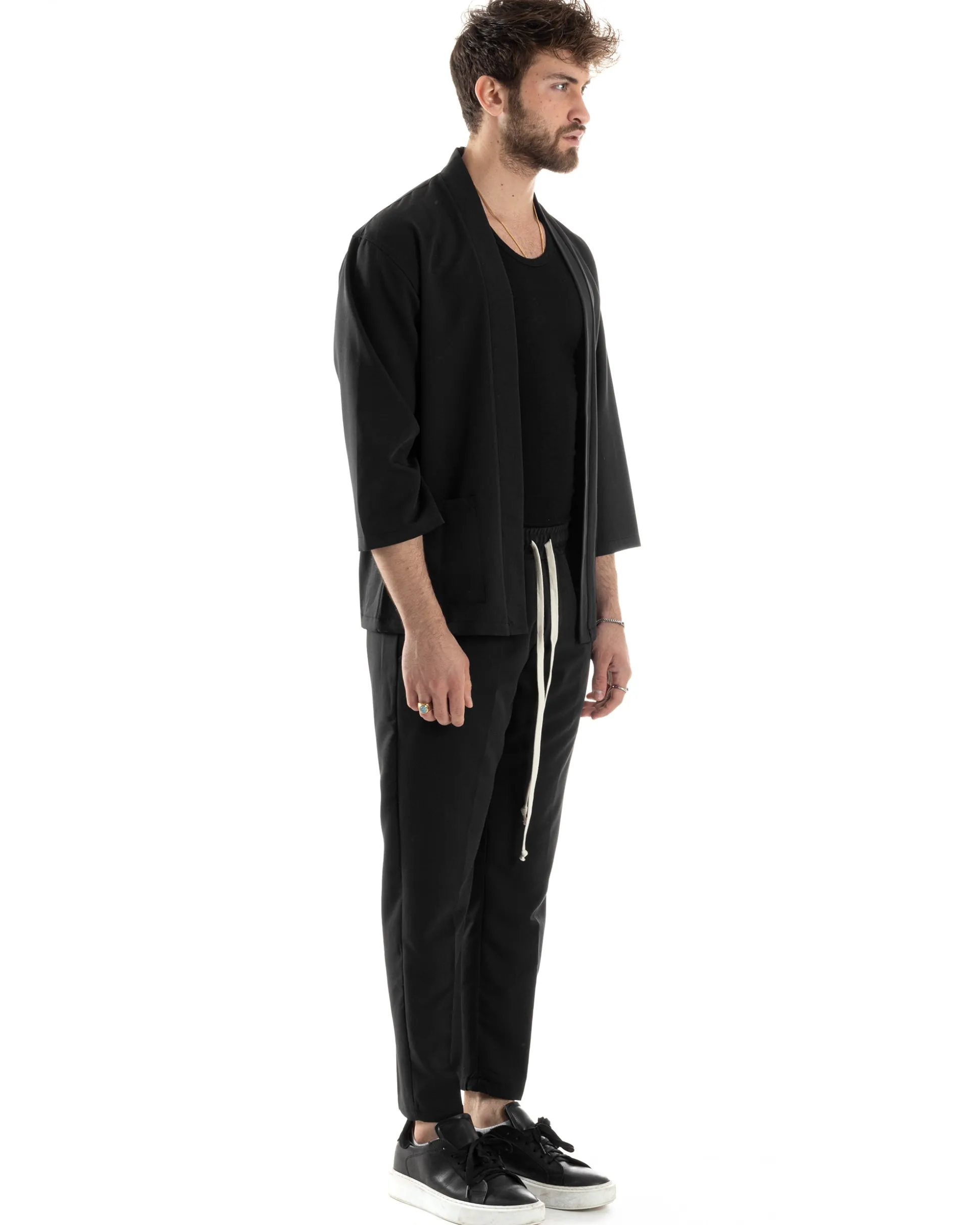 Completo set coordinato uomo giacca kimono pantaloni nero GIOSAL-OU2445A