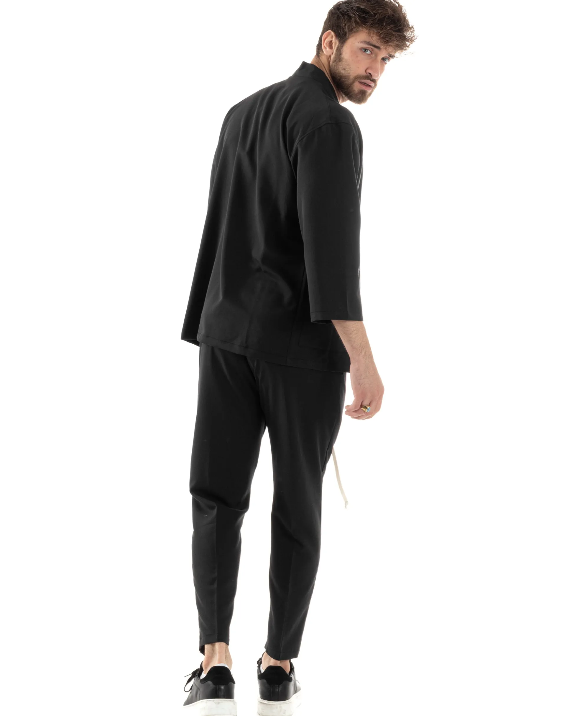 Completo set coordinato uomo giacca kimono pantaloni nero GIOSAL-OU2445A
