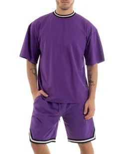 Completo Set Coordinato Uomo Cotone Viscosa T-Shirt Bermuda Outfit Viola GIOSAL-OU2309A