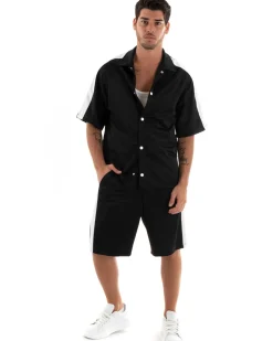 Completo Set Coordinato Uomo Viscosa Camicia Con Colletto Bermuda Outfit Nero GIOSAL-OU2366A