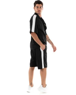 Completo Set Coordinato Uomo Viscosa Camicia Con Colletto Bermuda Outfit Nero GIOSAL-OU2366A