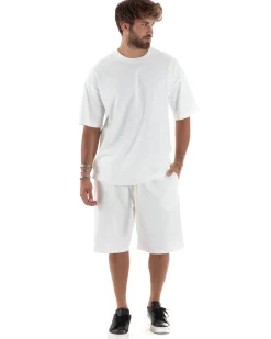 Completo Set Coordinato Uomo Cotone Outfit Basic Casual T-shirt Girocollo Bermuda Con Laccio Pantalaccio Regular Fit Bianco GIOSAL-OU2458A
