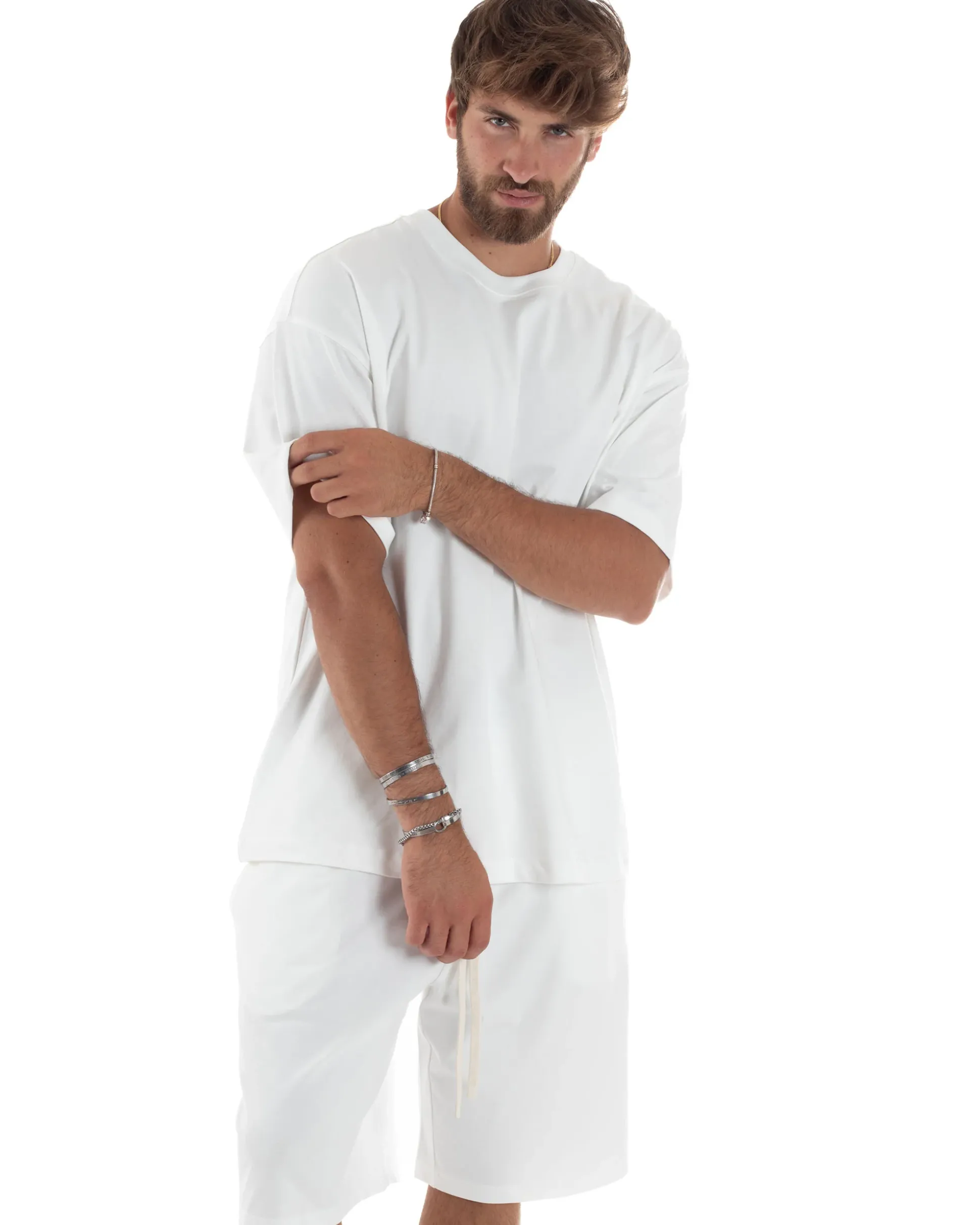 Completo Set Coordinato Uomo Cotone Outfit Basic Casual T-shirt Girocollo Bermuda Con Laccio Pantalaccio Regular Fit Bianco GIOSAL-OU2458A