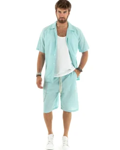 Completo Set Coordinato Uomo Viscosa Camicia Con Colletto Bermuda Outfit Verde Acqua GIOSAL-OU2355A